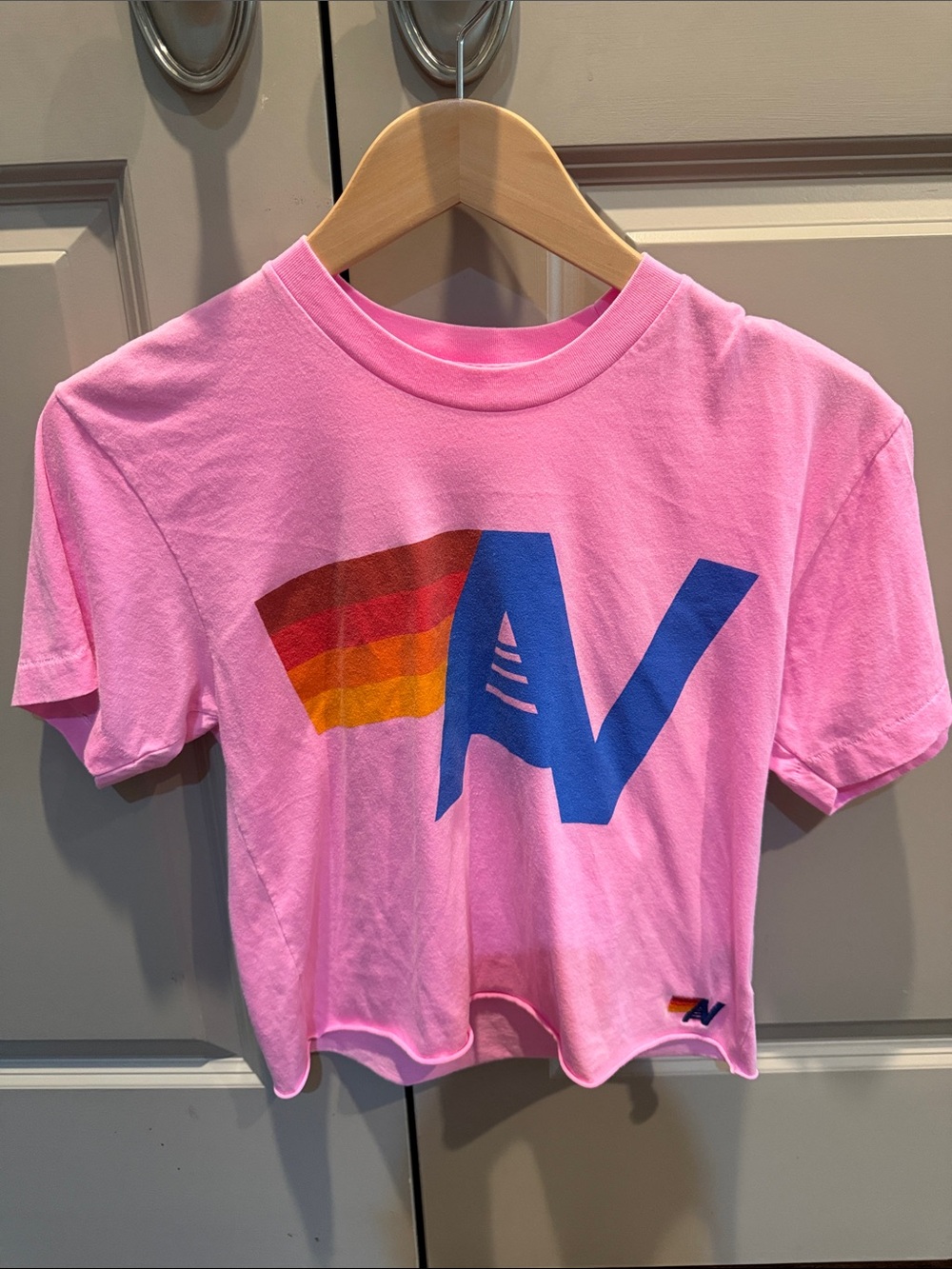 Aviator Nation Pink Tee with Blue 'A' and Rainbow Stripes